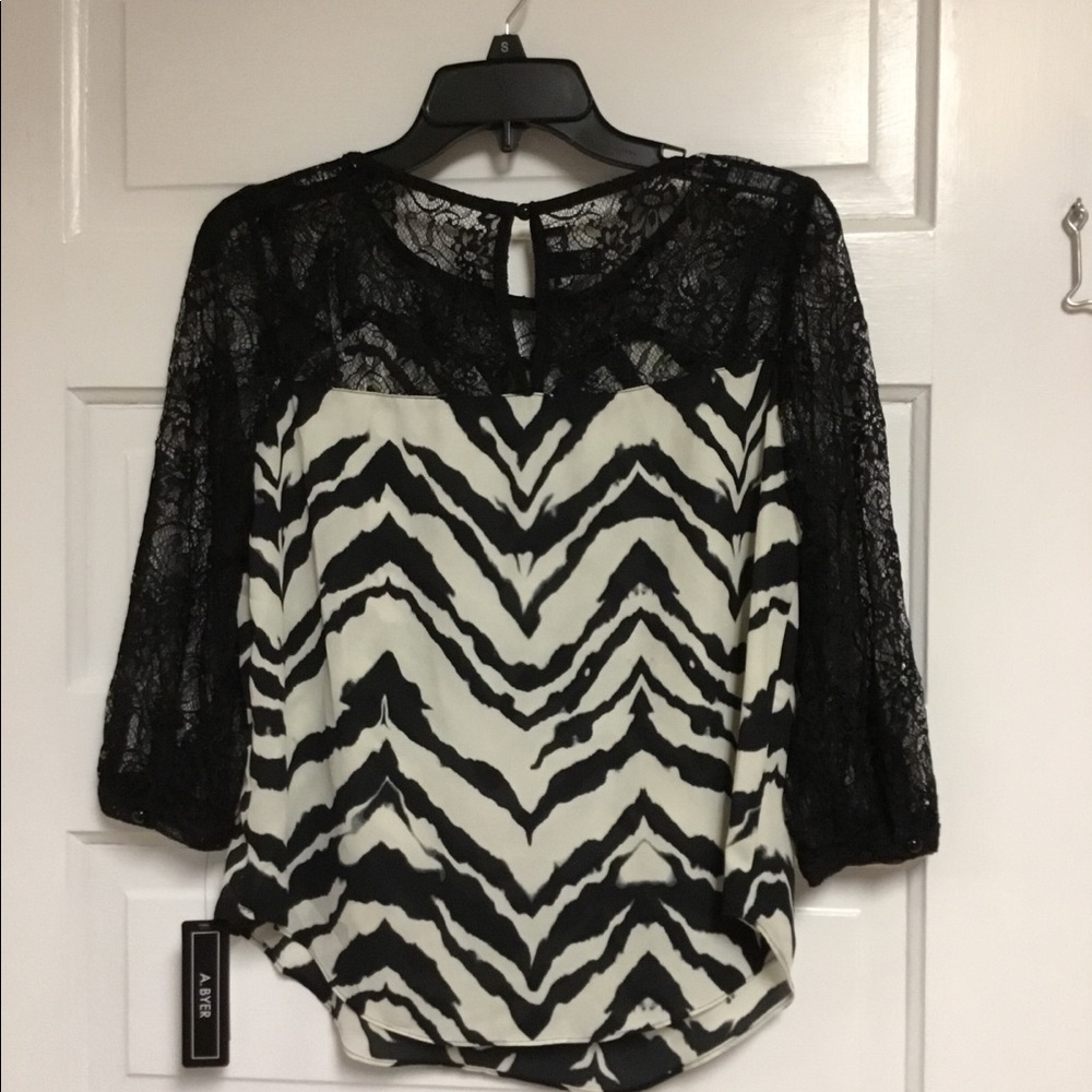 Zebra print top with floral lace sleeves